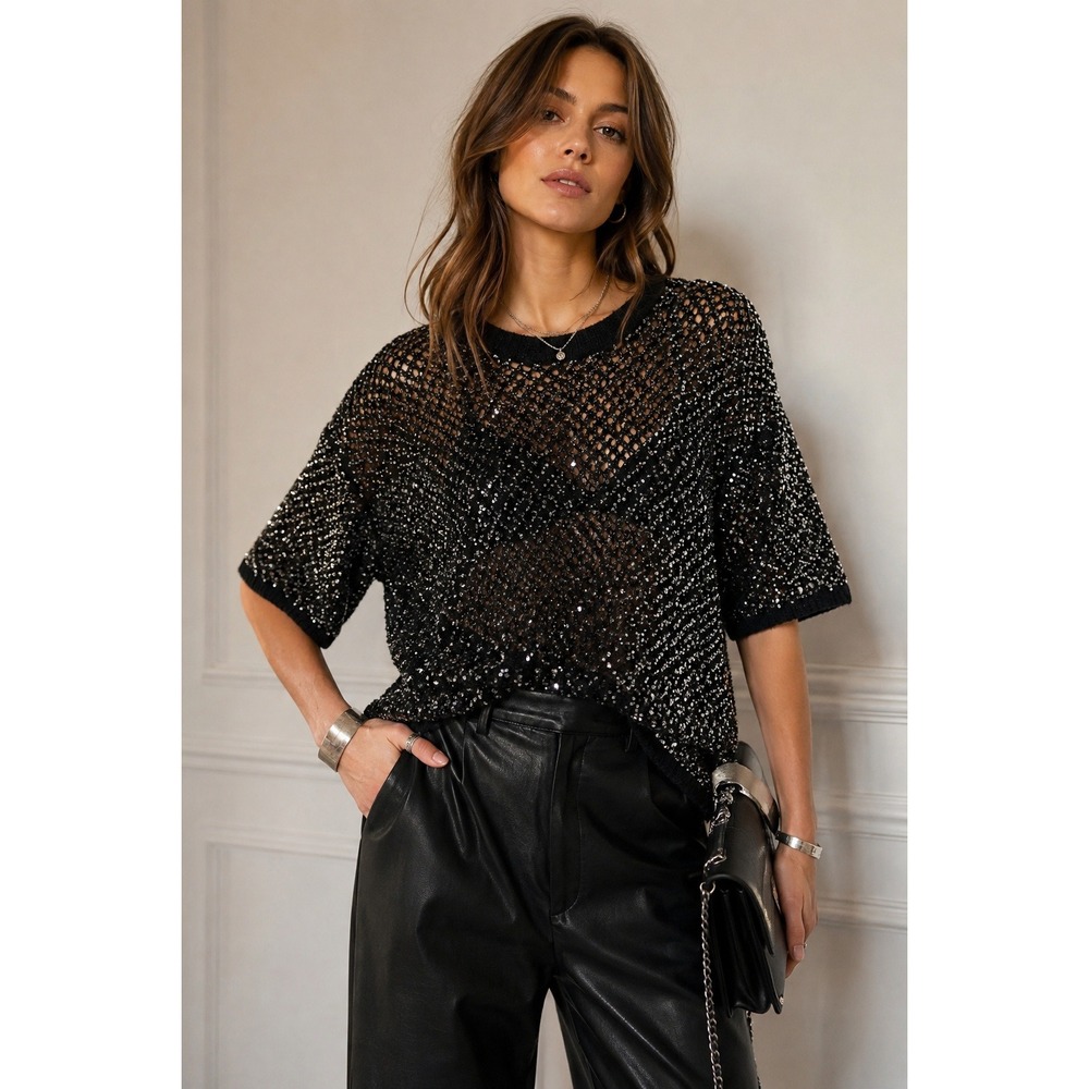 Ba&sh Nate Oversized Knit Top Black Metallic Sequin Disco Mesh Dolman Sleeve XS